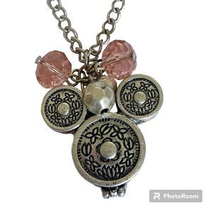 Vintage Disney Hidden Mickey Mouse Ears Locket Necklace Silver Tone Pink 30"